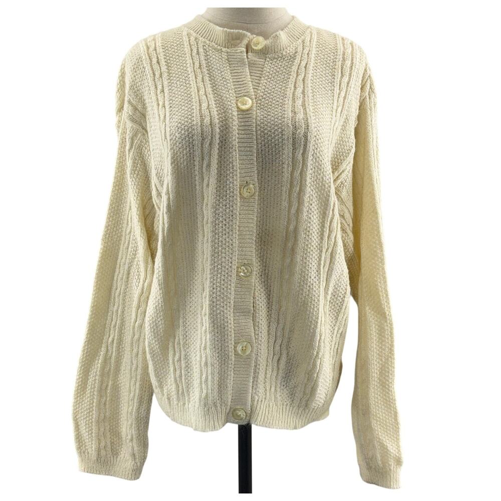 Vintage 90s L.L. Bean Mohair Blend Cardigan Sweater Women's Large Cream Ivory - Picture 2 of 5